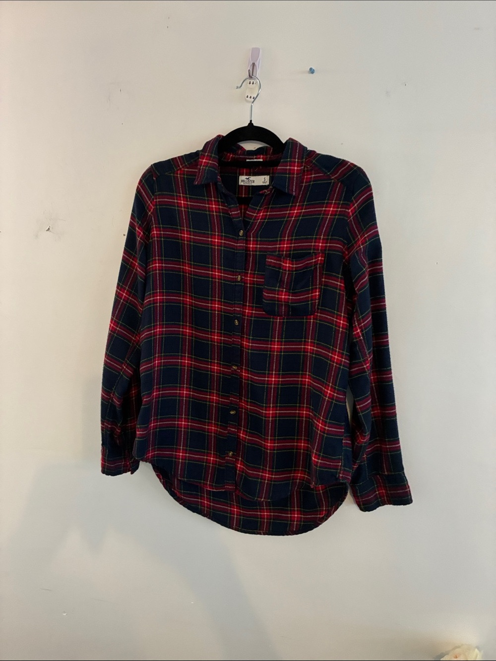 Hollister Red & Navy Plaid Button-Down Boyfriend Flannel Shirt Comfy S